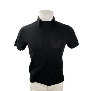 COS Men's Black Crochet Knit Collared High Neck Short Sleeve Polo Sweater Top S